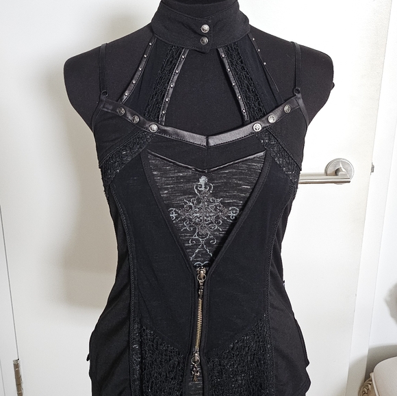 Ozzon Japan Ozz Croce Black Gothic High Neck Layered Top Silver Crosses And Lace - Picture 2 of 11